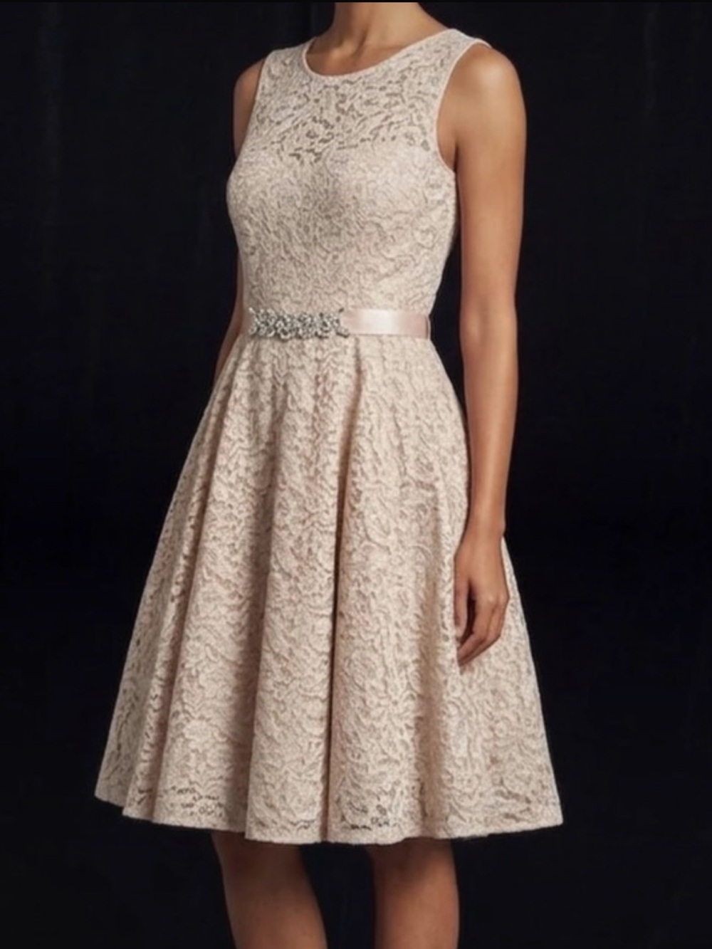 Betsy & Adam Sleeveless Lace Fit-and-Flare Dress in Blush Pink with Jeweled Belt